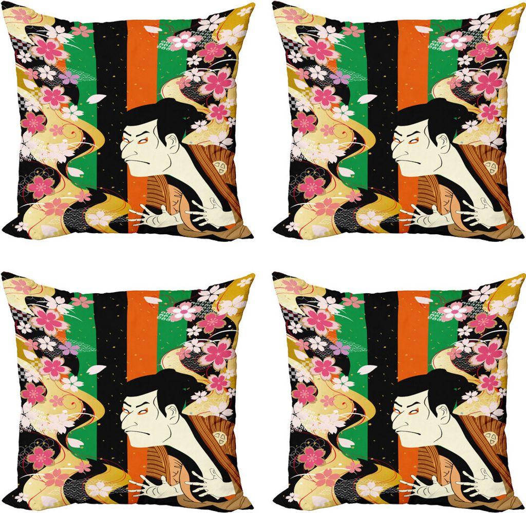 ABAKUHAUS Kabuki Kissenbezug Set (4 Stück), Schauspieler Sakura-Blüten, Moderner Doppelseitiger Digitaldruck, 40 cm x 40 cm, Mehrfarbig