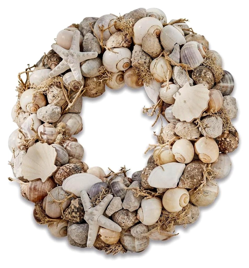 Kranz Enna, verziert mit echten Muscheln und Keramik-Seesternen, maritimes Flair, Gartenzubehör, Gartendekoration, Bimsstein, Pappe, grau