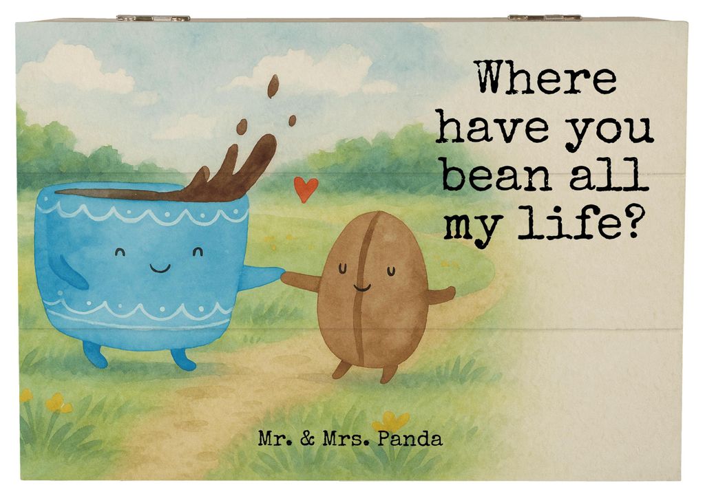 Mr. & Mrs. Panda Schatulle Kaffee Bohne Design 22 x 15 cm - Weiß - Geschenk, Holztruhe, truhe holz, geschenkkiste, Lustige Sprüche, fotobox, Box,...