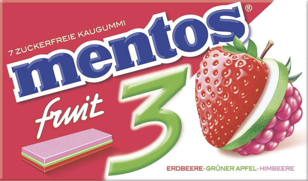 mentos Fruit 3 Kaugummi Erdbeere-Grüner Apfel-Himbeere 14er Produktbild 