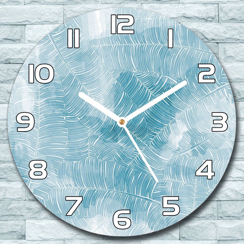 Wanduhr aus Glas Rund fi 30 Blaue Palmblätter Quarz Deko Wohnzimmer Büro
