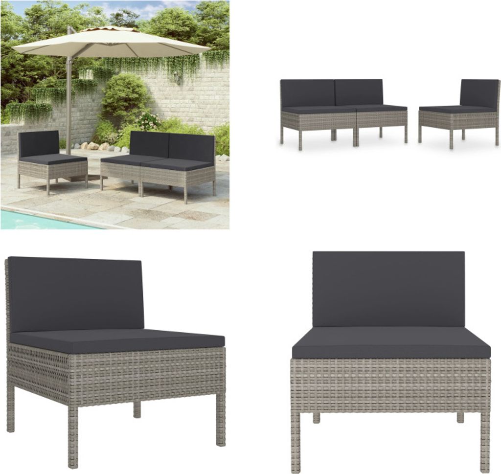 vidaXL Gartenstühle 3 Stk. mit Auflagen Poly Rattan Grau - Gartenstuhl - Gartenstühle - Outdoor-Stuhl - Outdoor-Stühle