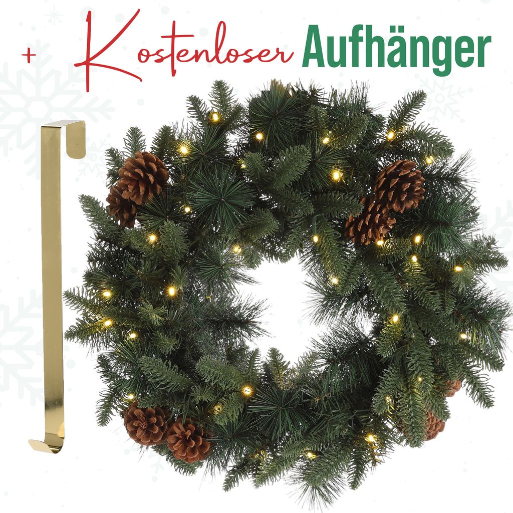 MeisterHome Künstlicher Weihnachtskranz Adventskranz für Tür, Ø 60 cm - Weihnachtlicher Türkranz für Innen und Außen mit 50 LED-Lichtern, ...