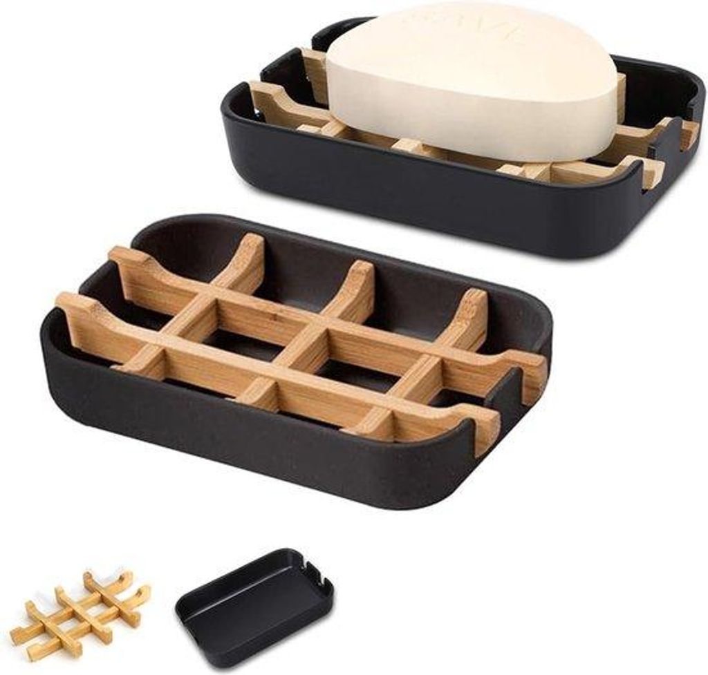 Bamboe Zeephouder mit Abfluss - 2 Stück - Handzeep - Badkamer Accessoire - Trockene und hygienische Seifenhaltung - Schwarz