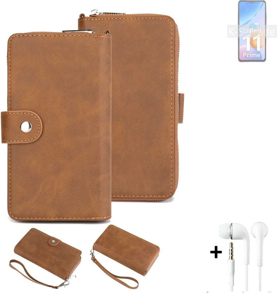 K-S-Trade Handy Schutz Hülle kompatibel mit Xiaomi Redmi 11 Prime + Kopfhörer Portemonnee Tasche Wallet-Case Bookstyle-Etui braun (1x)