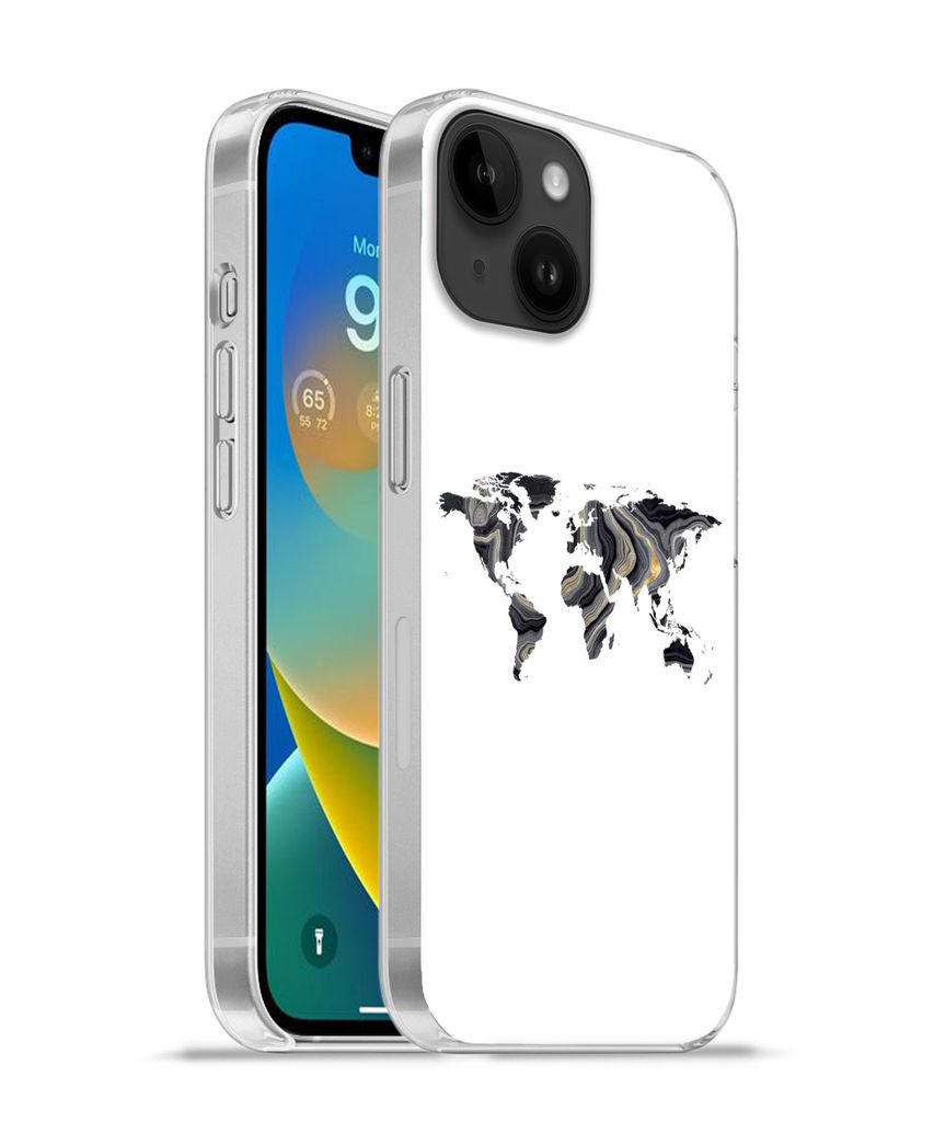 MuchoWow Handyhülle Schutzhülle Hülle für Apple iPhone 14 - Softcase Weltkarte - Gold - Linie Silikon Softcase Handy Hülle - Mobiltelefonhülle