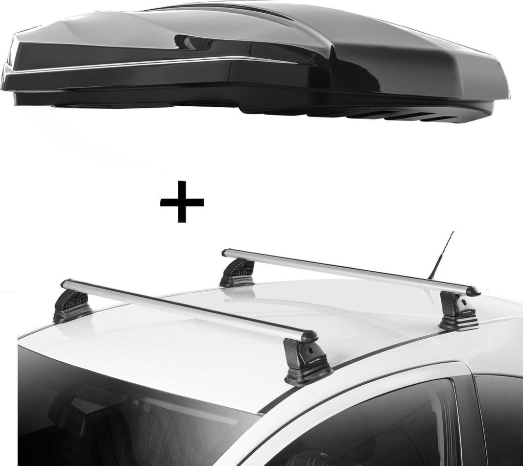 DACHBOX STRIKE 440 Liter schwarz hochglanz + Dachträger VDP EVO ALU kompatibel mit Fiat Fiorino 3-5 Türer 1987-2001