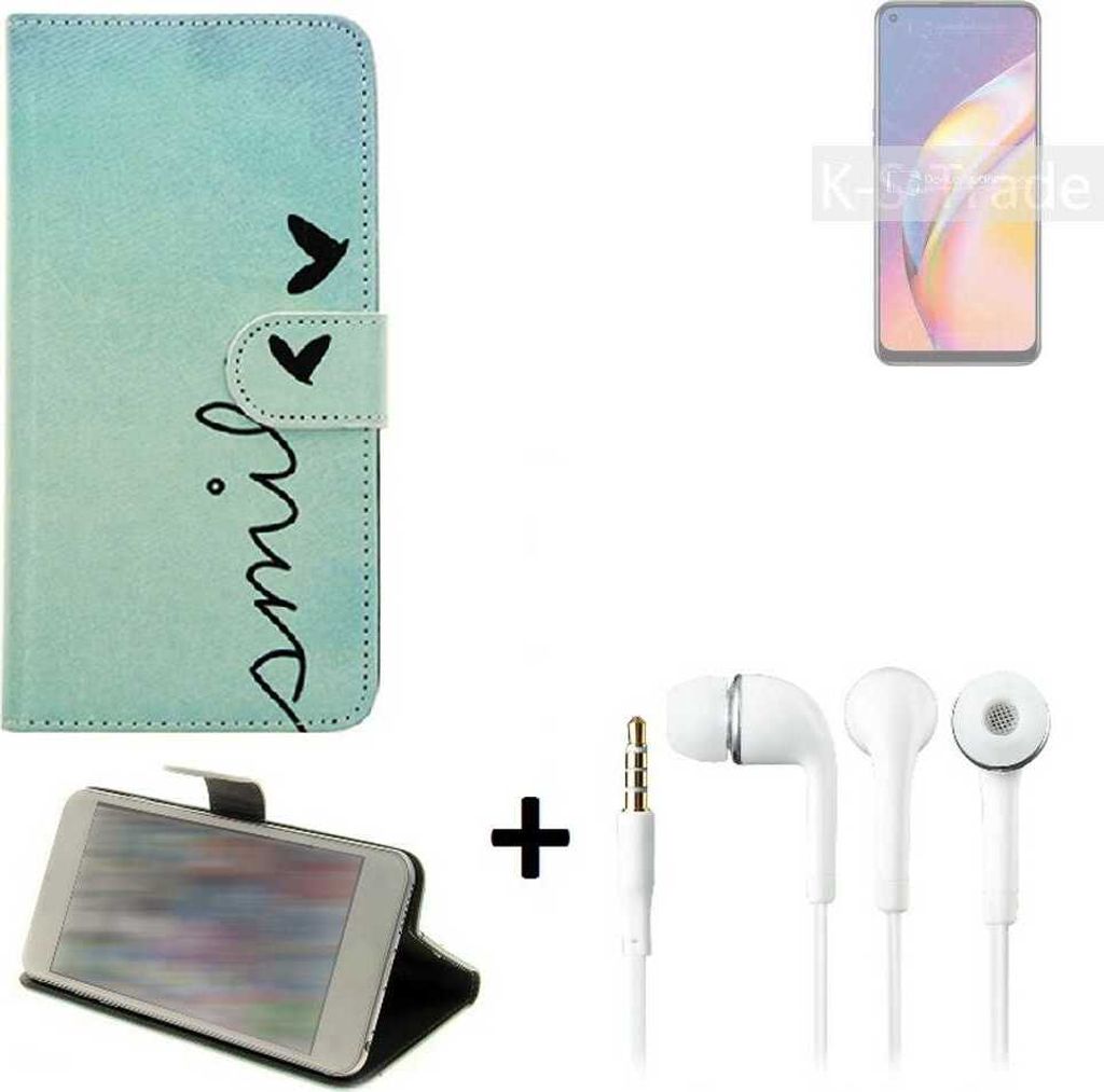 K-S-Trade Schutz Hülle Handy Hülle kompatibel mit Oppo F19 Pro+ 5G 360° Wallet Case Schutz Hülle ''smile'' inkl. Ohrstöpsel Smartphone cover