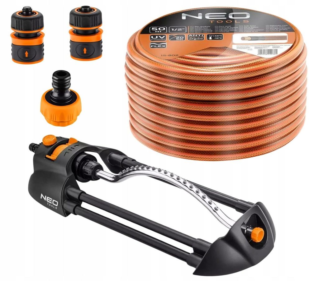 NEO TOOLS 5 tlg. Set: Gartenschlauch (1/2 Zoll, 50 m, 4-lagig, 20 bar) + Oszillierender Sprinkler 14 x 19 m + 3 Stück Anschluss Kit - StarterSet