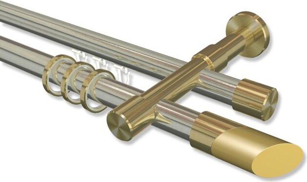 Interdeco Rundrohr-Innenlaufstange, Gardinenstange (Kombination) Edelstahl-Optik / Messing-Optik Modell Prestige Verano, 20 mm Ø 2-läufig, 600 cm...