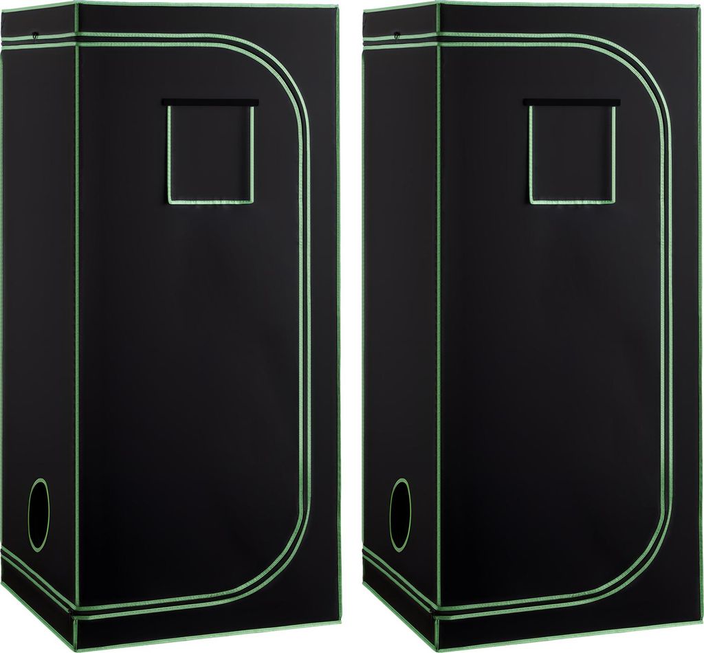 Two black grow tents with green trim are shown side-by-side against a white background.