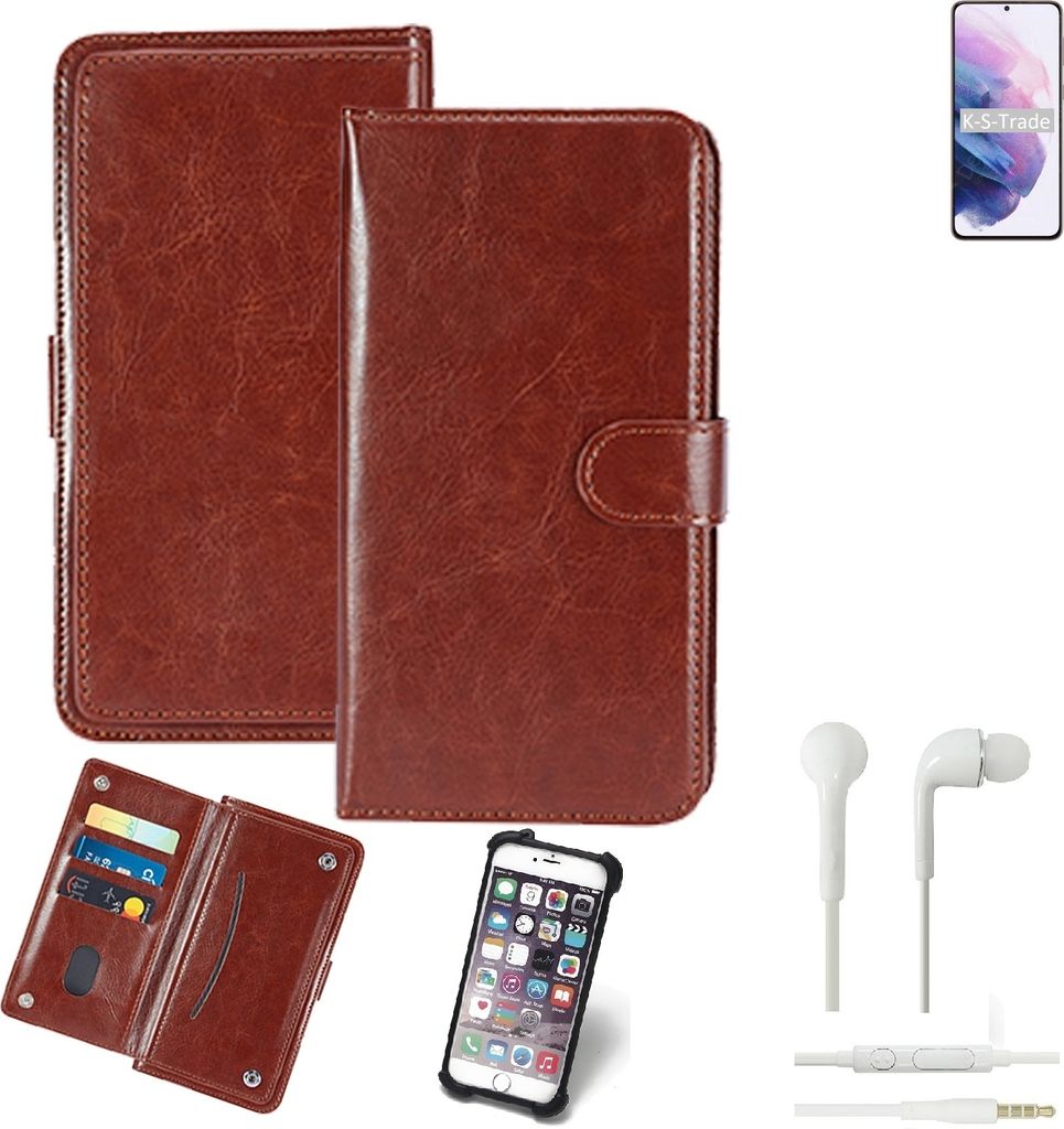 K-S-Trade 360° Hülle kompatibel mit Samsung Galaxy S21+ 5G SD888 inkl. Headphones braun Kunstleder Case BookCase WalletCase Kunstlederederhülle