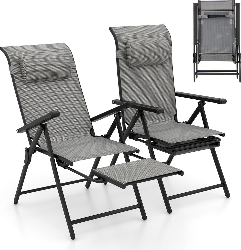Two gray folding lounge chairs with headrests and a pull-out footrest are shown against a white background. A folded chair is visible in the upper right corner.