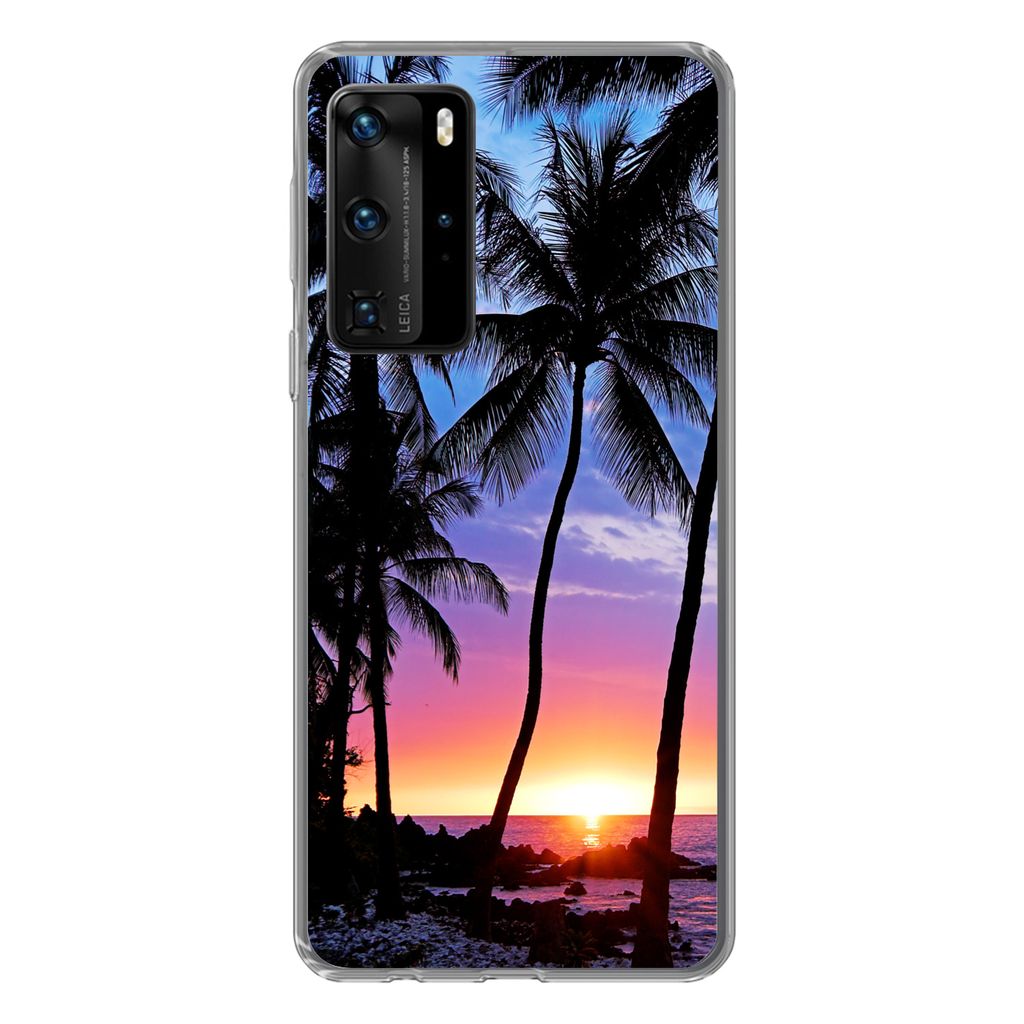 MuchoWow Handyhülle Schutzhülle Hülle für Huawei P40 Pro Der farbenprächtige Sonnenuntergang hinter einer Reihe von Palmen auf Hawaii Siliko...