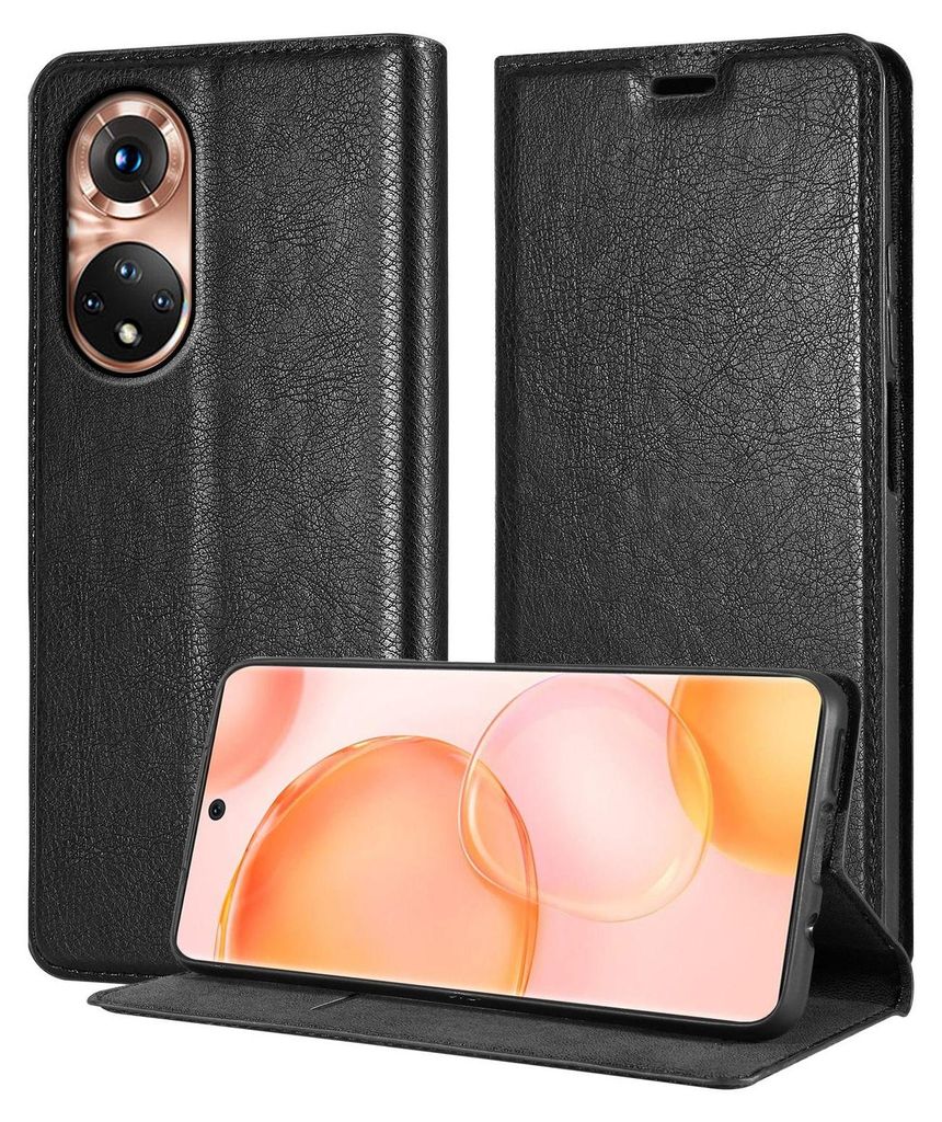 A black flip case for a smartphone is shown, with the phone inside displaying a colorful wallpaper.