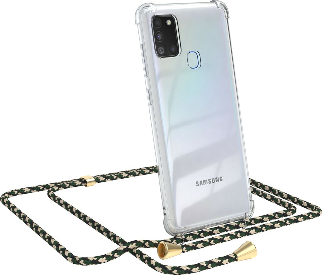 EAZY CASE Handykette kompatibel mit Samsung Galaxy A21s, Handyhülle mit Umhängeband, Handykordel, Schutzhülle Clear, Band in Grün