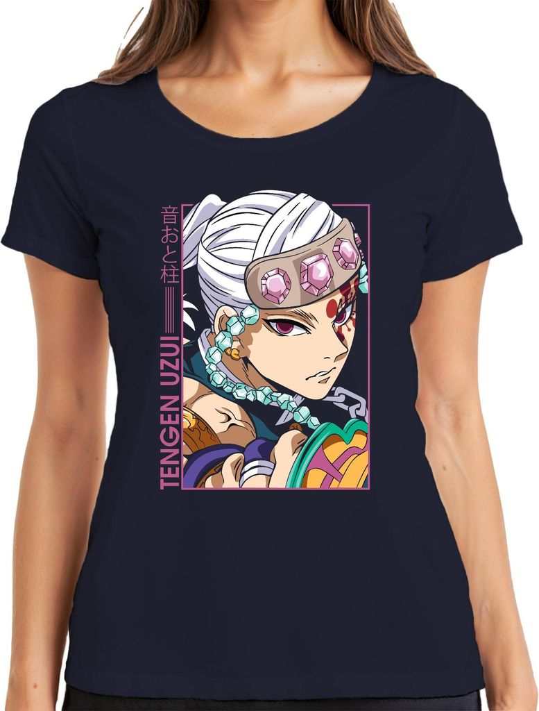 Tengen Uzui Kimetsu no Yaiba Sound Hashira Juwelen Stirnband Glam Damen T-Shirt, Navy, L