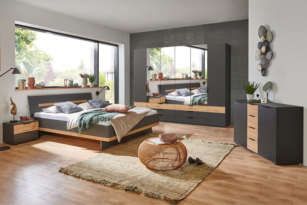 Schlafzimmer Komplett Set GRANADA-43 mit Bett 180x200cm und 6-trg. Kleiderschrank in graphit mit Artisan Eiche Nb.
