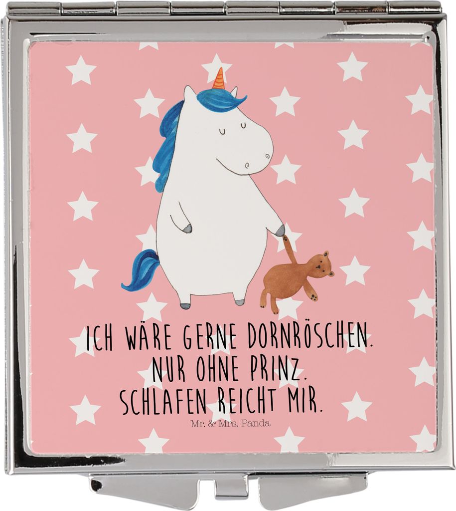 Mr. & Mrs. Panda Kosmetikspiegel Einhorn Teddy - Rot Pastell - Geschenk, Freundin, Reise Spiegel, Gute Nacht, Unicorn, Schminkspiegel, Handspiegel,...