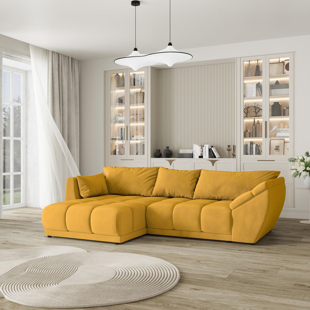 Masseno Ecksofa ORENTI L-S mit Schlaffunktion L-Form, Sofa mit Bettkasten, Wohnzimmersofa, Couch, Soffa, Bettsofa, Couchgarnitur- Gelb, MATT VELVET 48