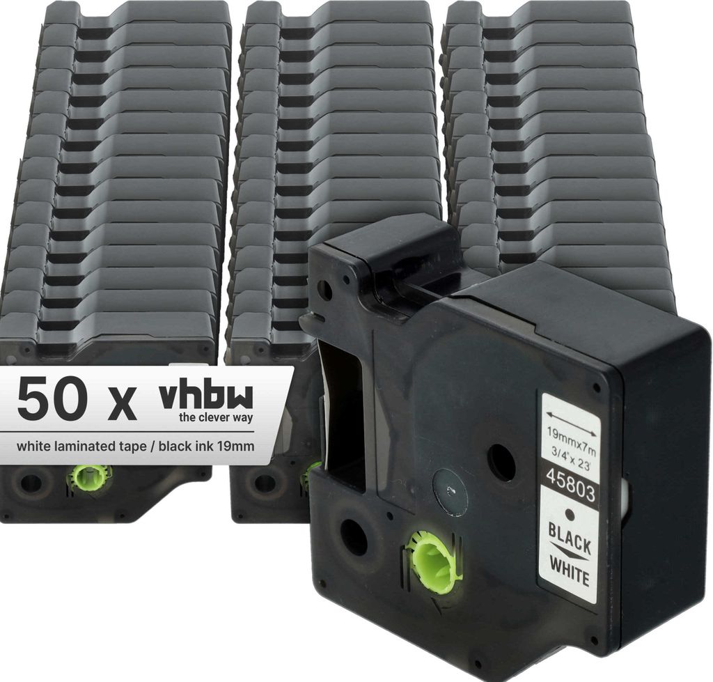 vhbw 50x Schriftband-Kassette kompatibel mit Dymo LabelWriter Duo 400, Duo, Duo 450 Etiketten-Drucker 7m x 19mm Schwarz auf Weiß