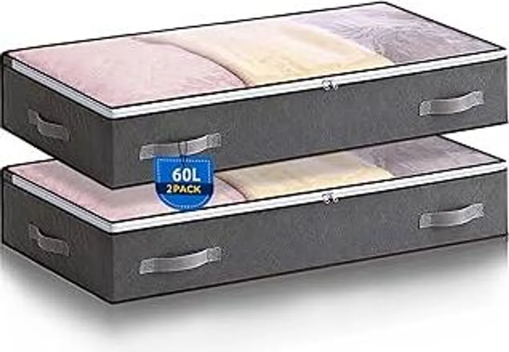 2x Contenitore Sotto Letto 60L Grande: Scatole Pieghevoli con Cerniera