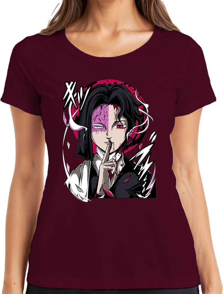 Anime Dämon Halbgesicht Blut Rotes Auge Psst Gothic Halloween Damen T-Shirt, Burgundy, XXL