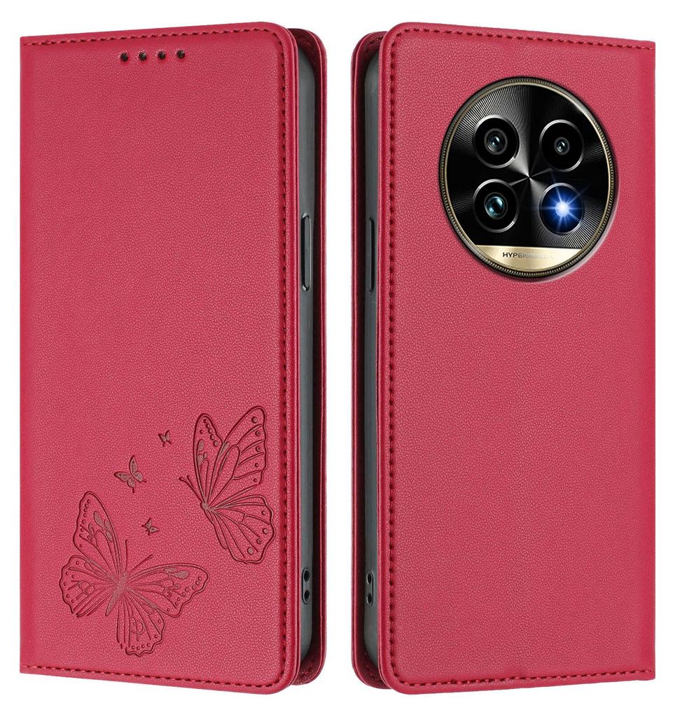 Lederhülle für Realme 13 Pro /Realme 13 Pro+ 5G, Schmetterling Prägung Leder Brieftasche Schutzhülle mit Ständer Rot
