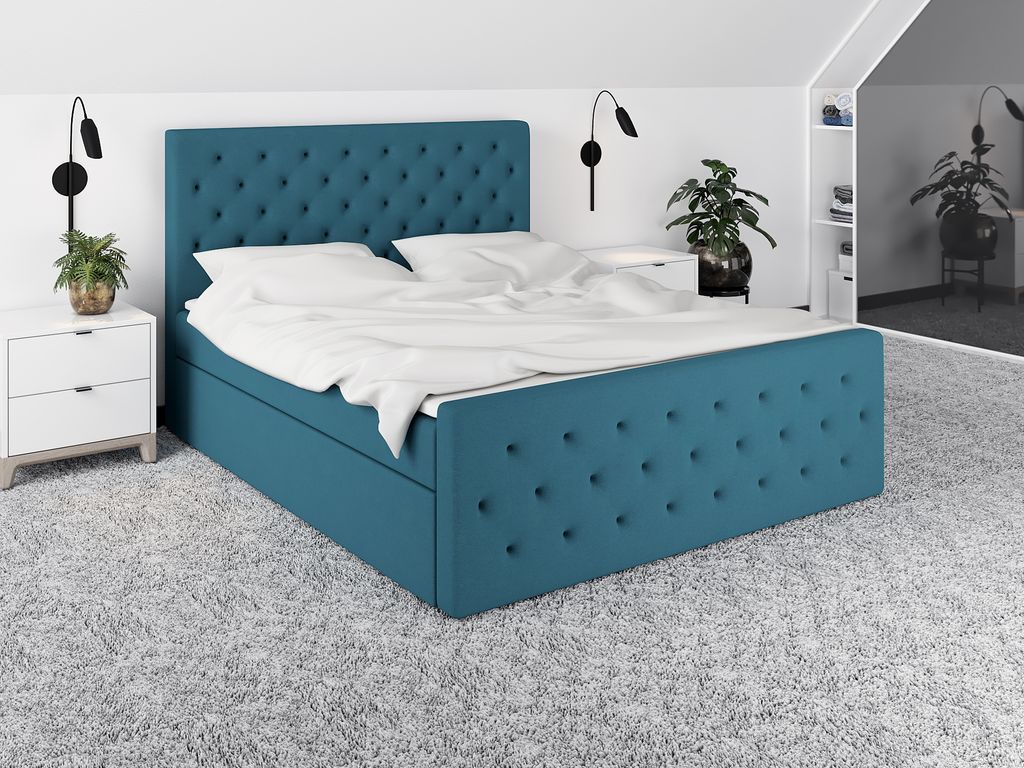 Boxspringbett LULI 120 x 200 mit 2 Bettkästen, Bonell-Matratze und Topper. Farbe: Blau