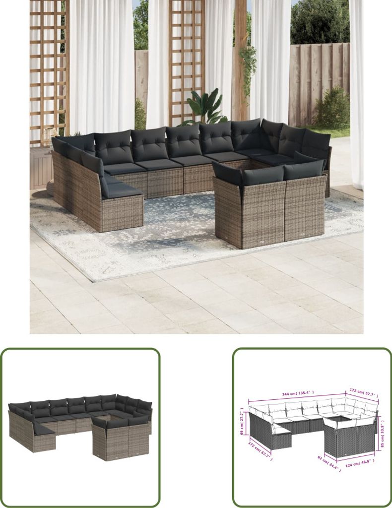The Living Store 12-tlg. Garten-Sofagarnitur mit Kissen Grau Poly Rattan