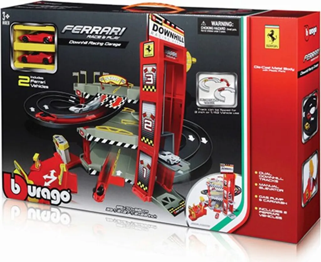 Ferrari Garage Downhill Racing 1:64 avec 2 Voitures de Course Incluses