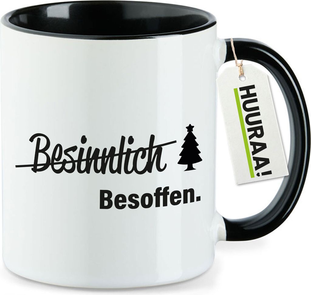 Huuraa Kaffeetasse Besinnlich Besoffen Tannenbaum 330ml Schwarz Keramik Kaffeebecher Geschenkidee