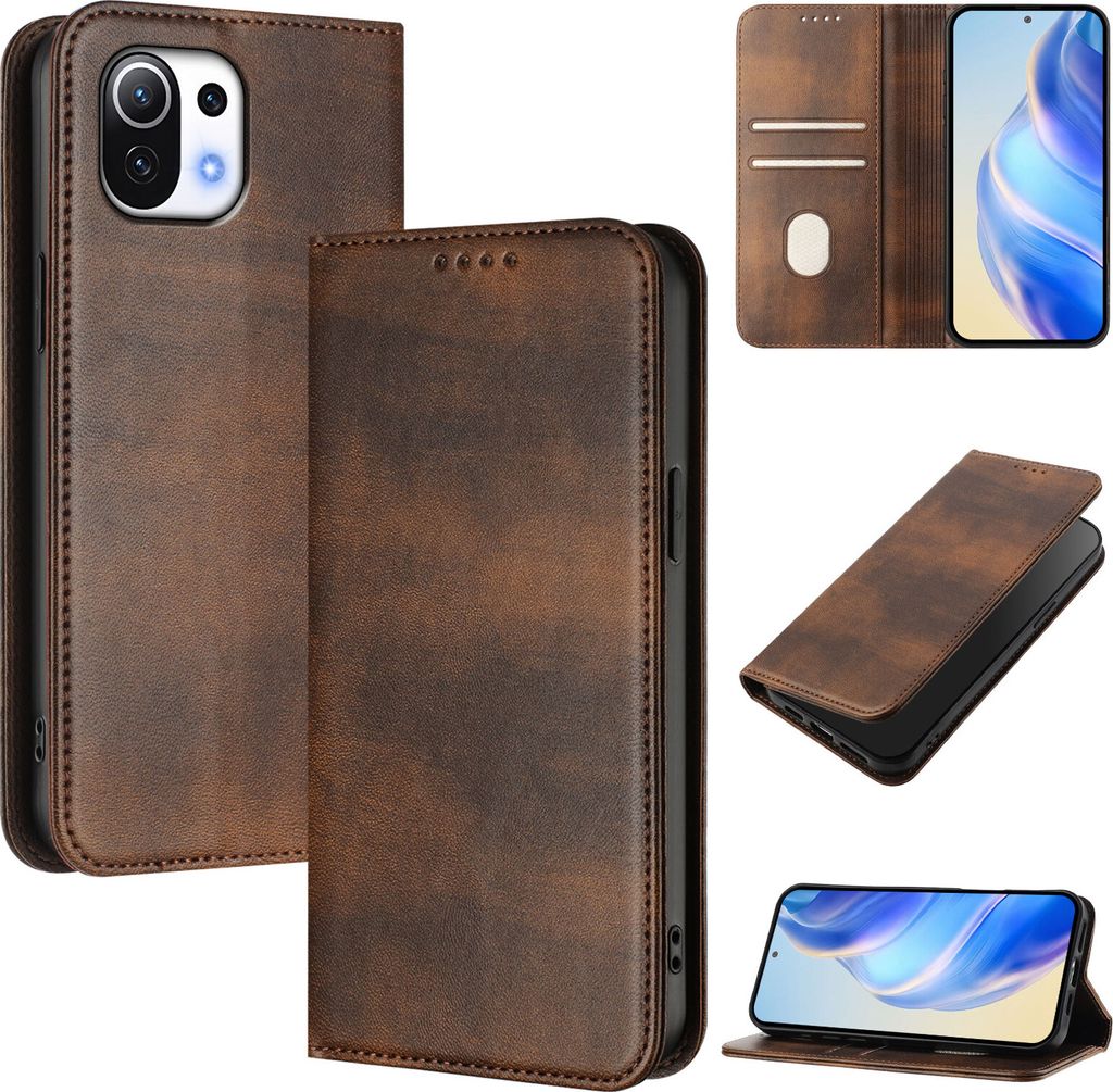 Handyhülle für Xiaomi Mi 11 Lite/Mi 11 Lite 5G Ne, Vintage Leder RFID Schutz Kartenfach Standfunktion Magnetische Klapphülle Braun
