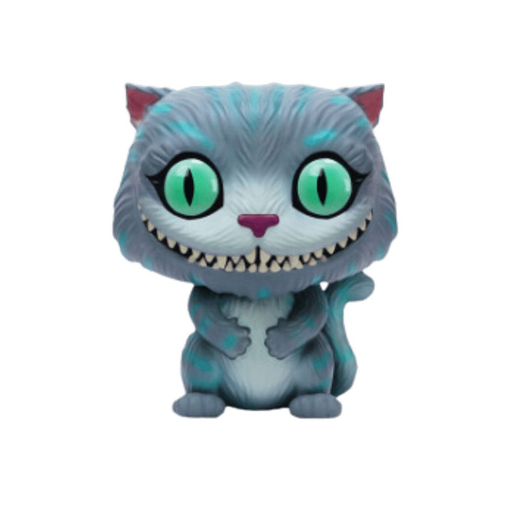 A stylized figurine of the Cheshire Cat from Disney's Alice in Wonderland.