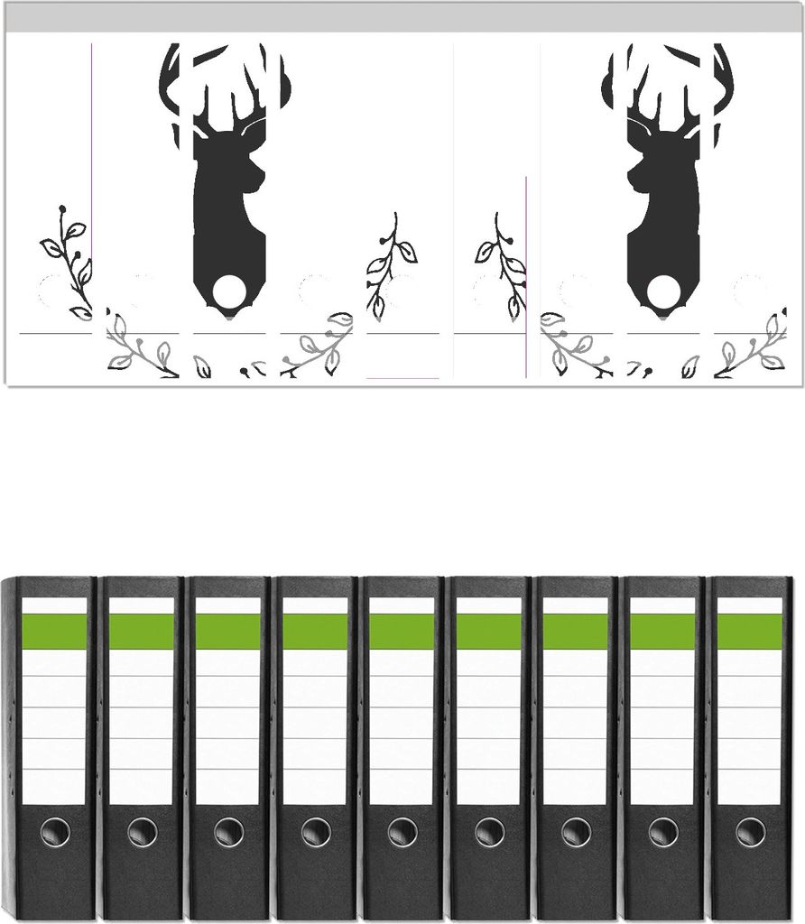 Wallario 9 Stück breite Ordner inkl. Klebeetiketten mit Motive Schwarze Hirsch Silhouette mit Zweigen - schwarz weiß - Set mit Rückenschildern ...
