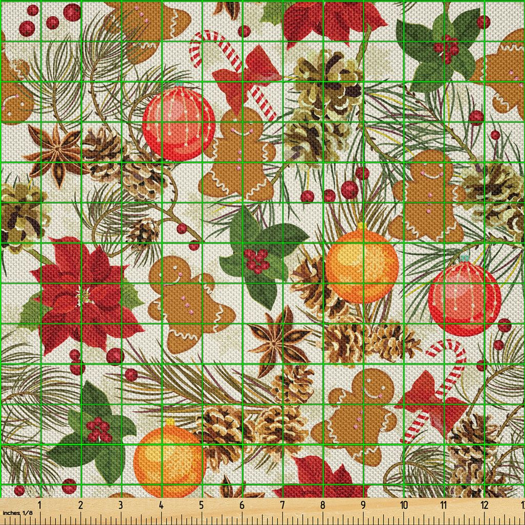 ABAKUHAUS Weihnachten Satin Stoff als Meterware, Klares buntes Weihnachtsthema-Kiefern-Kegel verzweigt sich Lebkuchen-Mann Berry Image Print, 10 M ...