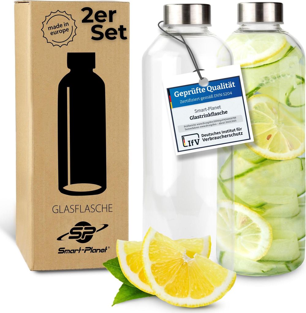 2er SET hochwertige Trinkflaschen aus Glas - Glasflasche - 1L Glastrinkflasche mit Metalldeckel - mit Reinigungskugel für hartnäckigen Schmutz