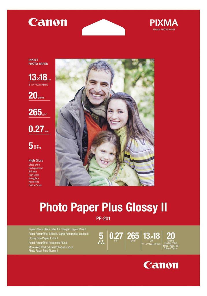 The image shows the packaging of Canon Photo Paper Plus Glossy II.
