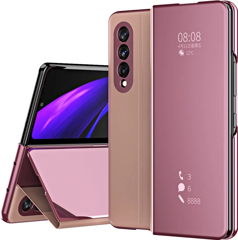 Luxury Case Samsung Z Fold 3 5G Oro Rosa - Specchio e Pelle PU