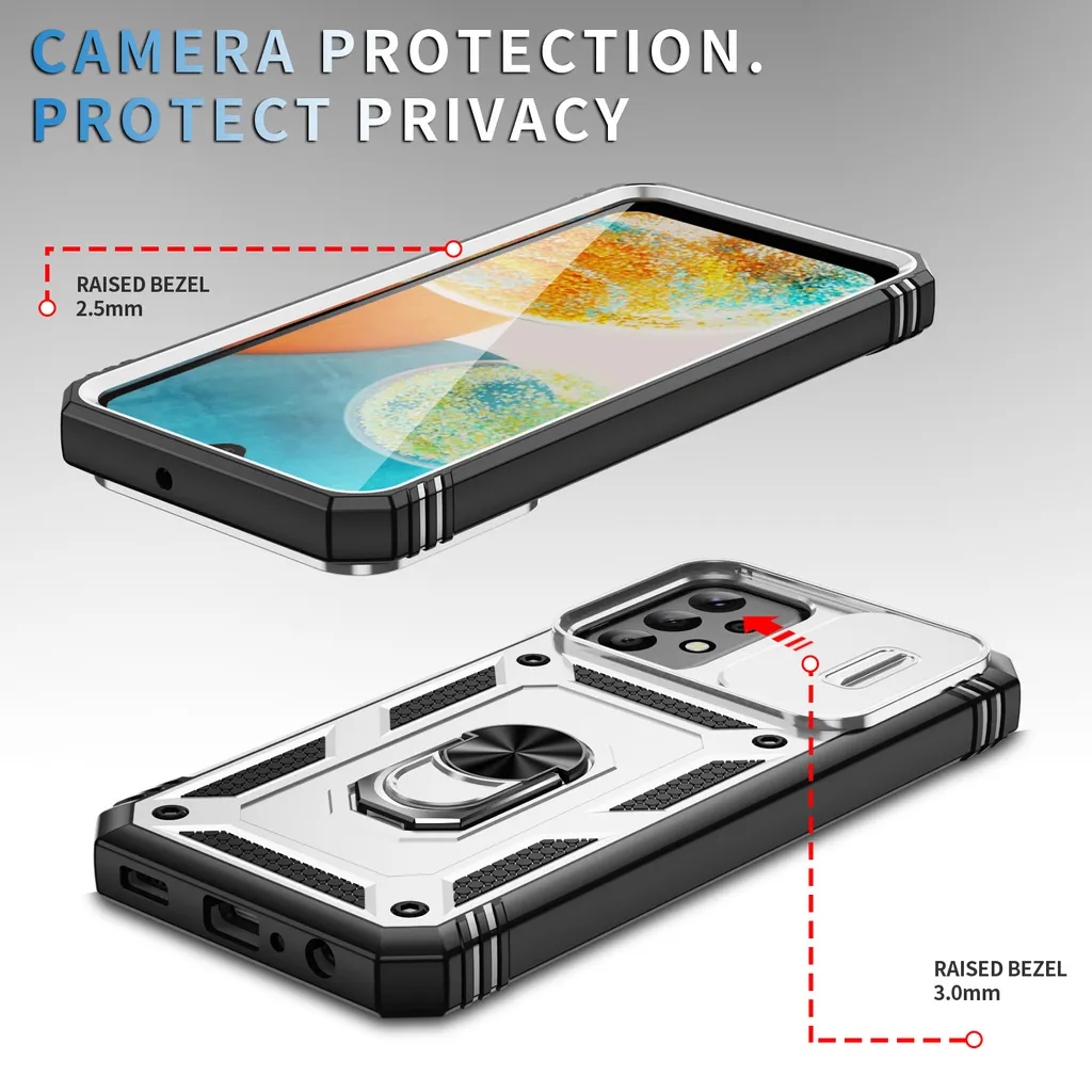 Custodia per Samsung Galaxy A23 5G/4G protezione fotocamera scorrevole, resistente agli urti, con supporto ad anello, supporto e porta carte Bianco - 6