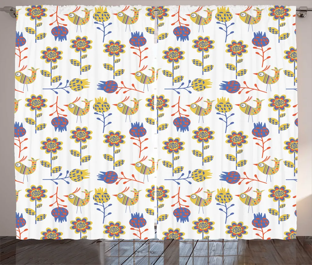ABAKUHAUS Rideau Botanique Rustique Oiseaux Flora 280 x 225 cm Bleu