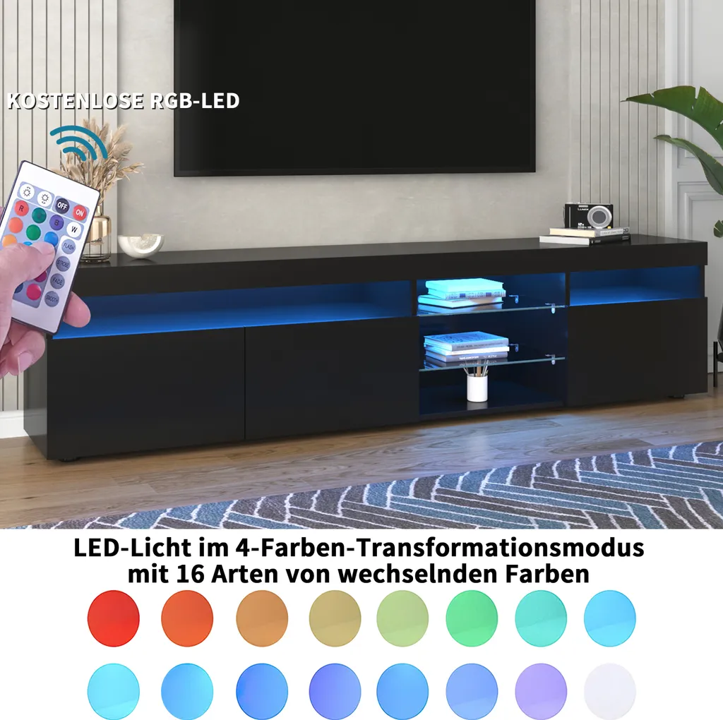 Merax Meuble TV Noir Brillant 180cm avec Éclairage LED et Télécommande