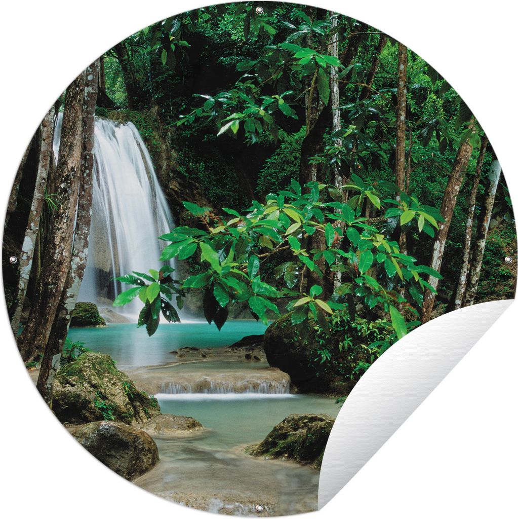 MuchoWow Gartenposter Outdoor-Poster Rund Kleine Wasserfälle zwischen den Bäumen des Erawan-Nationalparks Ø 120 cm Gartendeko Rundes Poster dr...