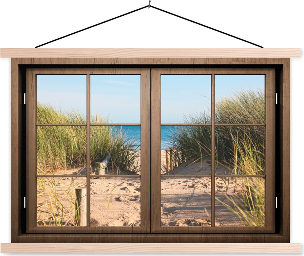 MuchoWow Textilposter Aussicht - Strand - Gras 120x80 cm mit holzfarbenen Rahmen - Aufhängeset