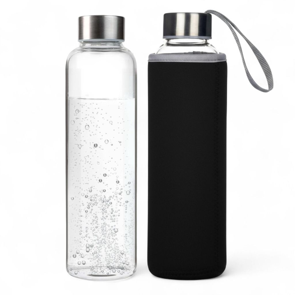 Trinkflasche aus Glas 550ml (Schwarz) Auslaufsichere Glasflasche aus Borosilikatglas BPA-frei, kohlensäuregeeignet & spülmaschinenfest mit Schutz...