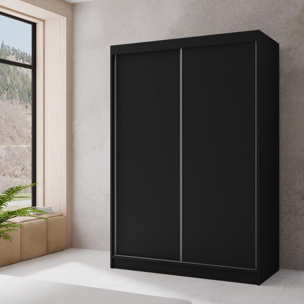 Kleiderschrank mit Schiebetüren Bergamo modernes Schiebetürenschrank mit Regale und Kleiderstange stilvoll Garderobenschrank mit LED, Farbe: Schw...