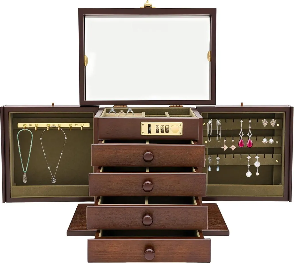 Organisateur de Bijoux Grande Capacité en Bois Marron pour Rangement Facile