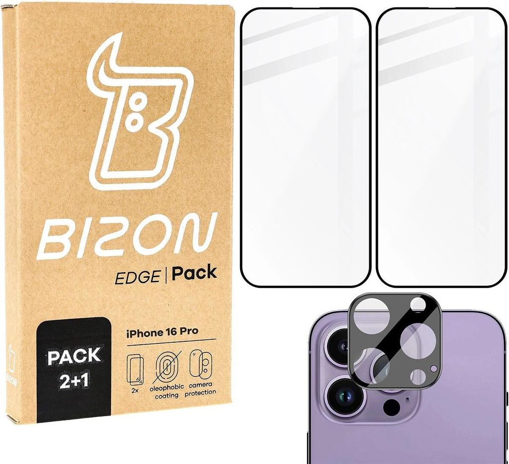 Bizon Edge 2x gehärtetes Bildschirmglas mit Rahmen + Kameraglas Apple iPhone 16 Pro