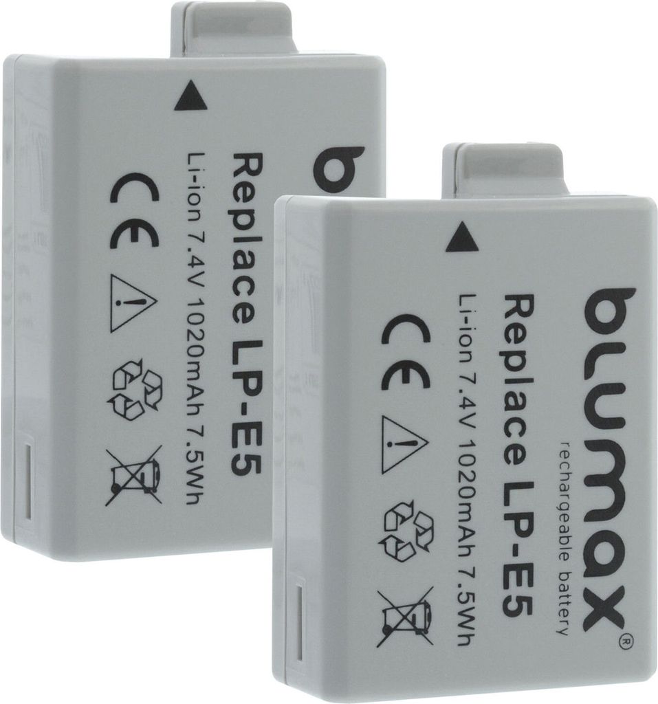 2x Blumax Akku | für Canon LP-E5 Digitalkamera | Kapazität 1020mAh |Spannung 7,4Volt | Video- und Kamerazubehör