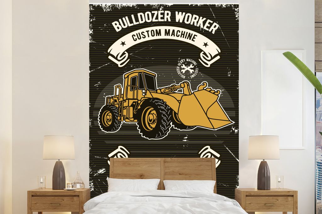 MuchoWow Fototapete für Wohnzimmer oder Schlafzimmer Wandtapete Vinyl Motivtapete Bulldozer - Retro - Angebot - 200x300 cm - Wanddekorationen